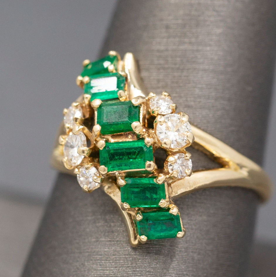 Vivid Natural Emerald and Diamond Cocktail Ring in 14k Yellow Gold
