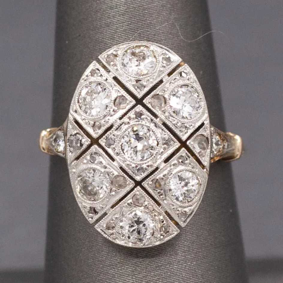 Edwardian Oval Old European Cut and Rose Cut Diamond Panel Ring in 18k and Platinum