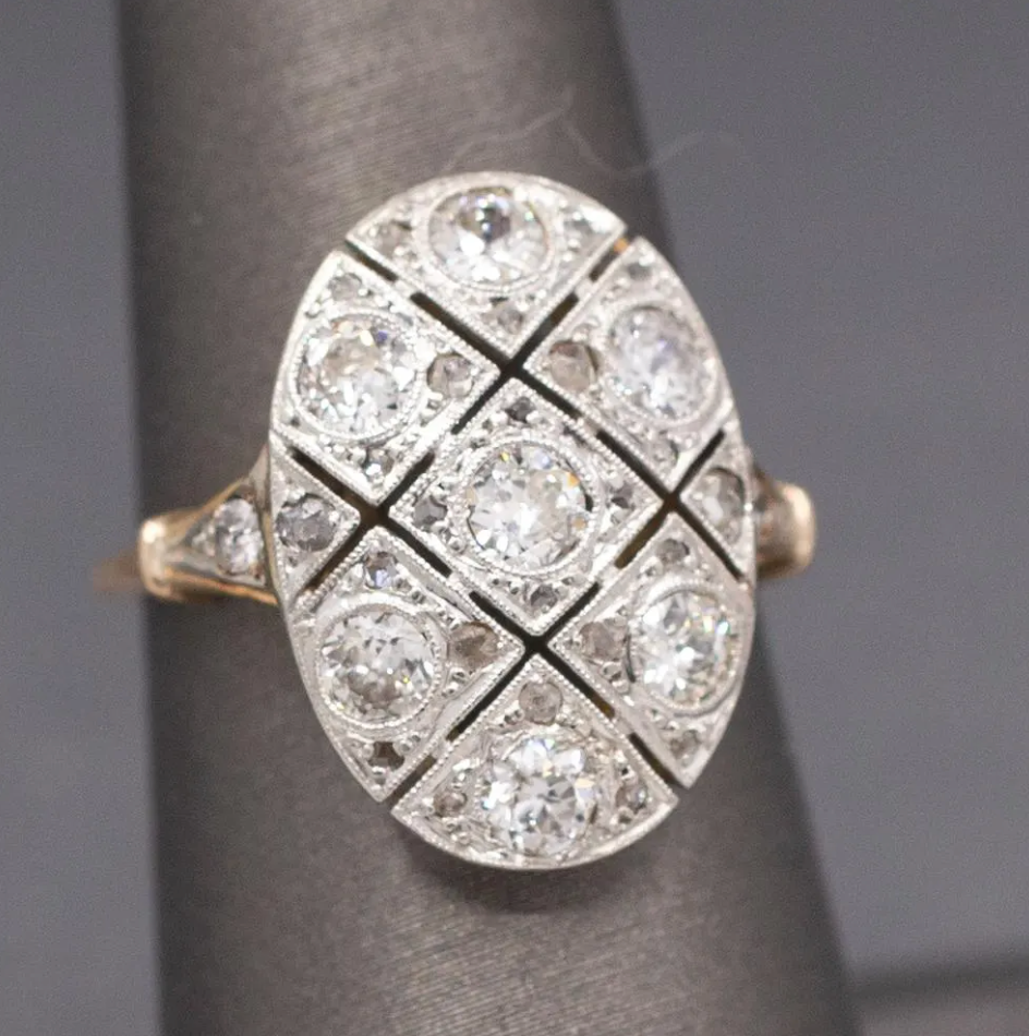 Edwardian Oval Old European Cut and Rose Cut Diamond Panel Ring in 18k and Platinum