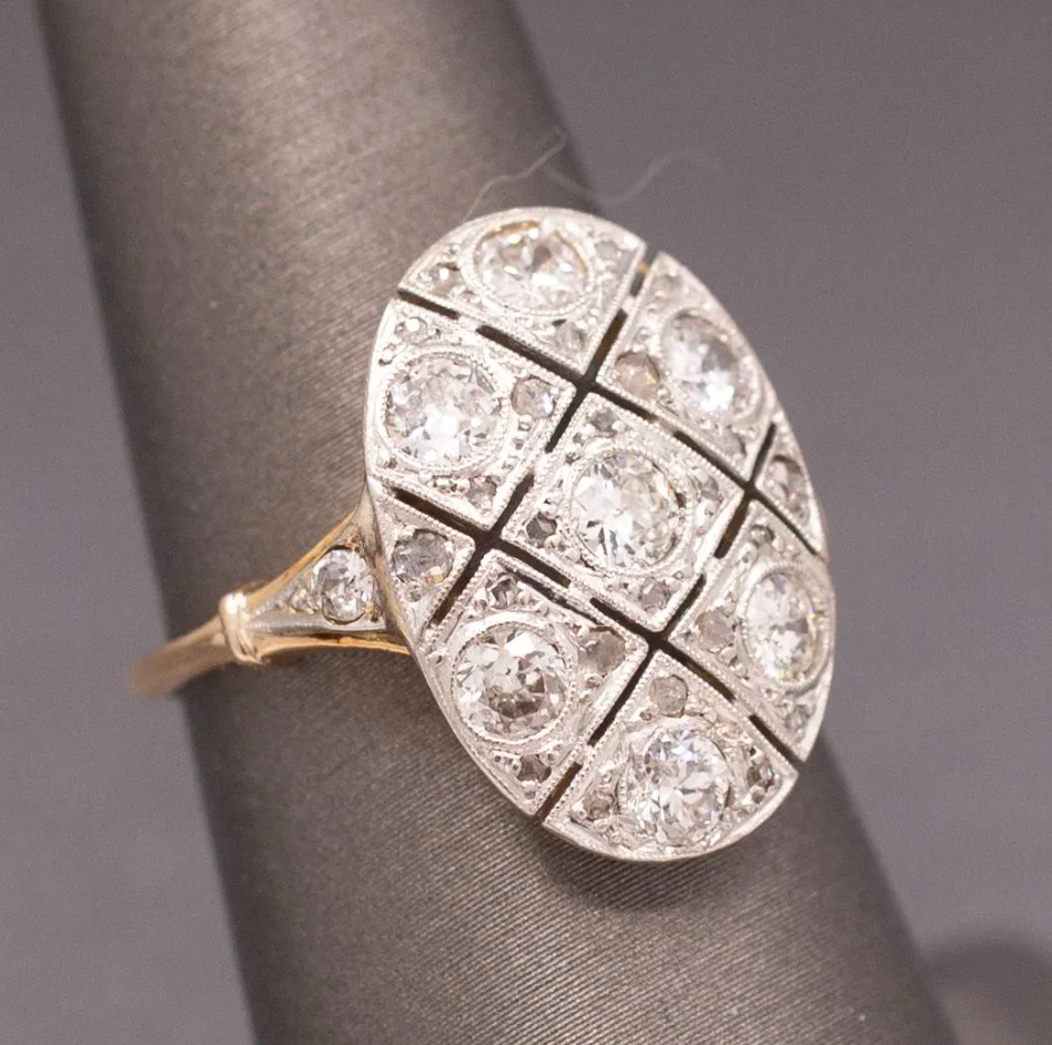 Edwardian Oval Old European Cut and Rose Cut Diamond Panel Ring in 18k and Platinum