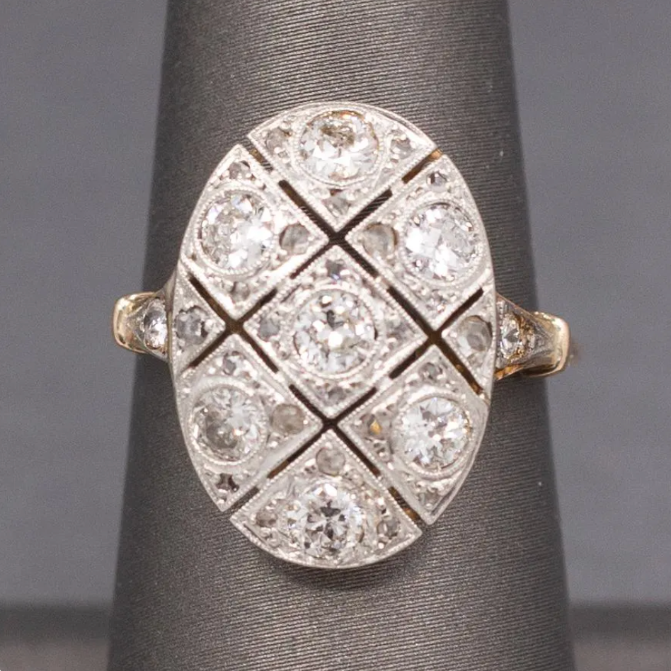 Edwardian Oval Old European Cut and Rose Cut Diamond Panel Ring in 18k and Platinum