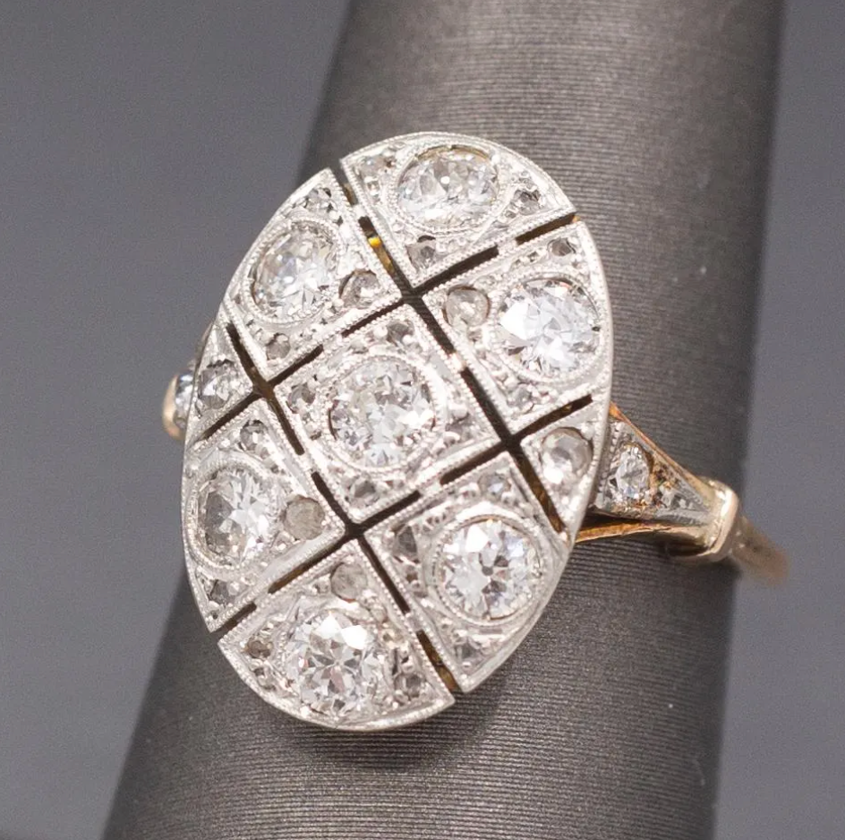 Edwardian Oval Old European Cut and Rose Cut Diamond Panel Ring in 18k and Platinum