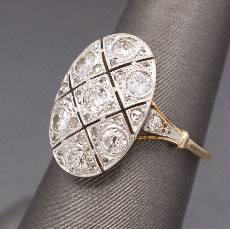 Edwardian Oval Old European Cut and Rose Cut Diamond Panel Ring in 18k and Platinum
