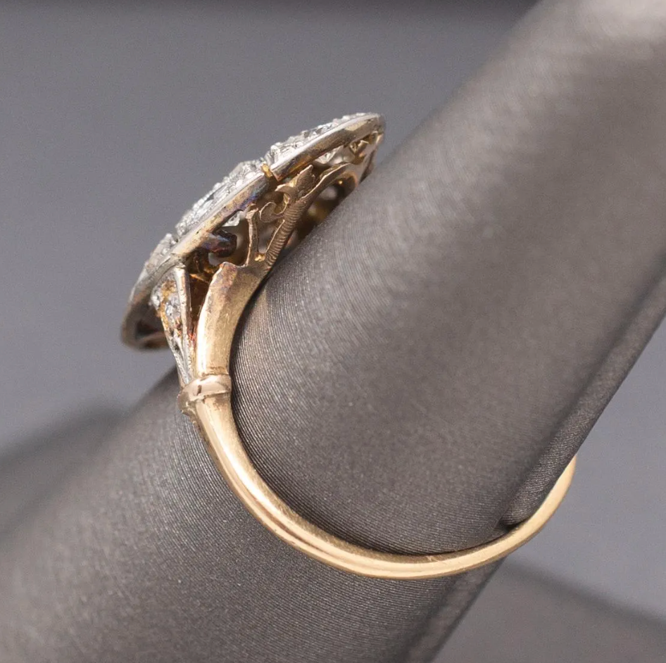 Edwardian Oval Old European Cut and Rose Cut Diamond Panel Ring in 18k and Platinum
