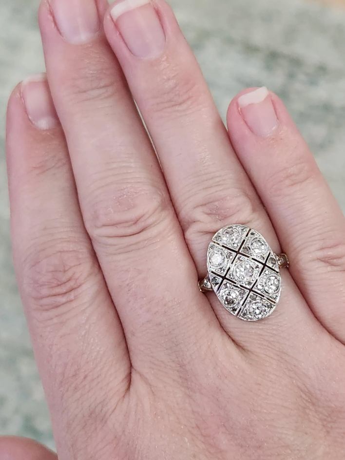 Edwardian Oval Old European Cut and Rose Cut Diamond Panel Ring in 18k and Platinum