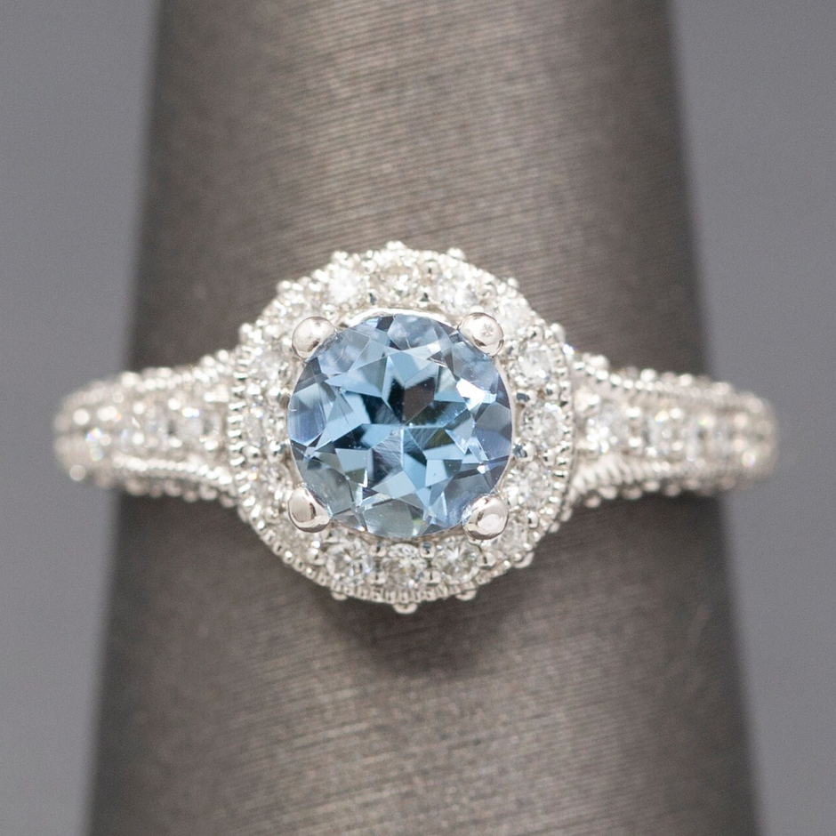 Beautiful Blue Aquamarine and Diamond Halo Ring in 14k White Gold