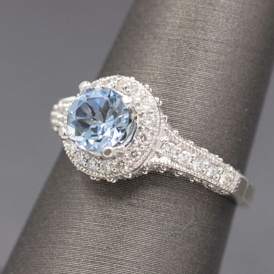 Beautiful Blue Aquamarine and Diamond Halo Ring in 14k White Gold