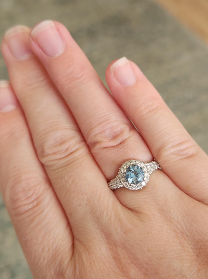 Beautiful Blue Aquamarine and Diamond Halo Ring in 14k White Gold