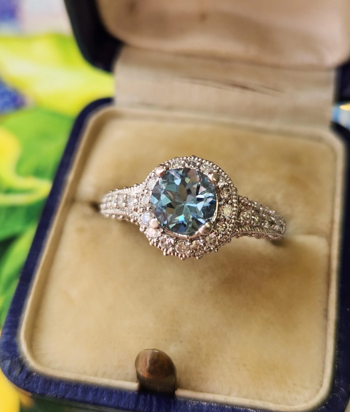 Beautiful Blue Aquamarine and Diamond Halo Ring in 14k White Gold