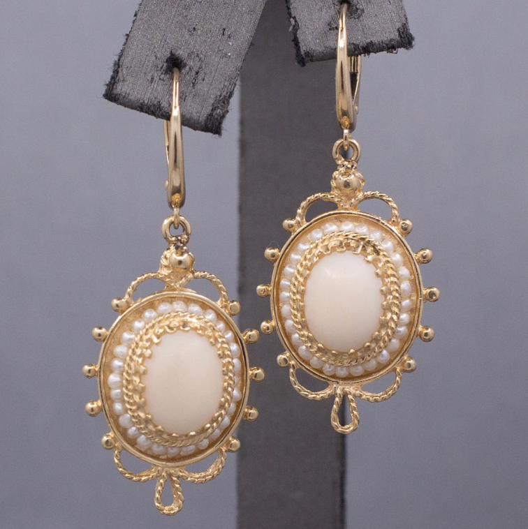 Vintage Angel Skin Coral Dangle Earrings with Lever Back Clasps in 14k Yellow Gold