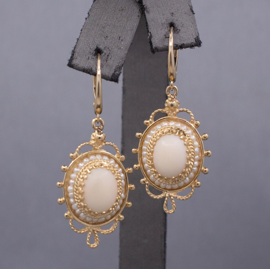 Vintage Angel Skin Coral Dangle Earrings with Lever Back Clasps in 14k Yellow Gold
