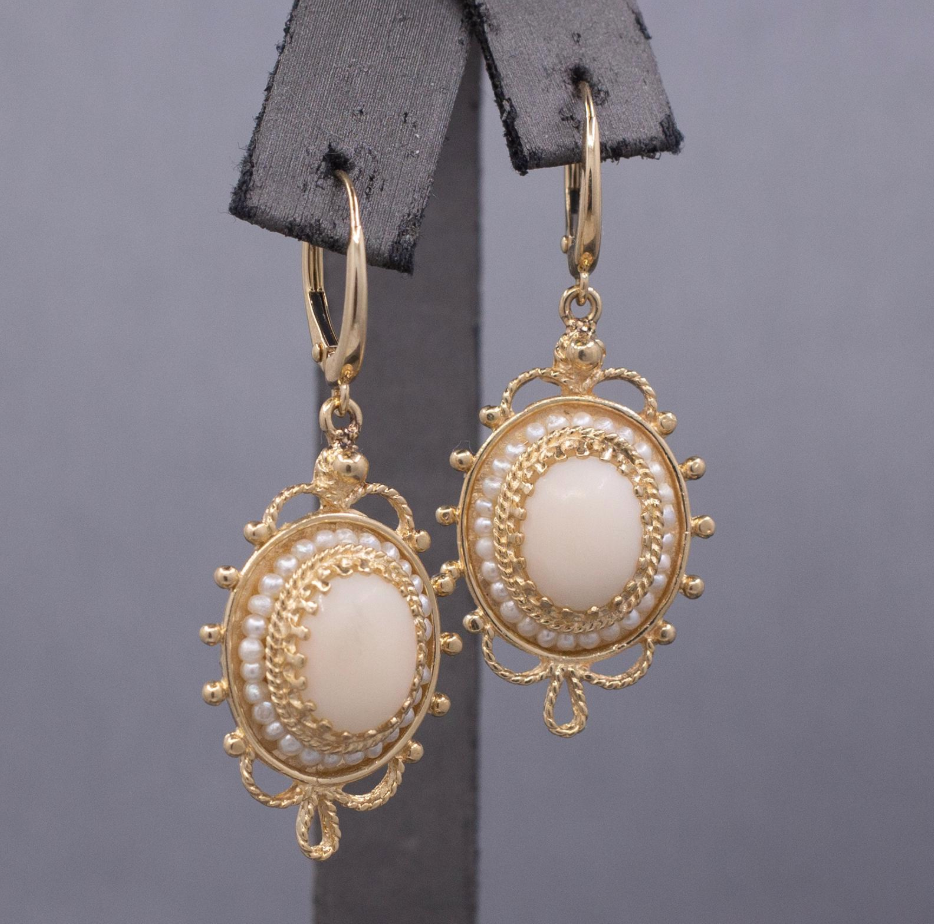 Vintage Angel Skin Coral Dangle Earrings with Lever Back Clasps in 14k Yellow Gold