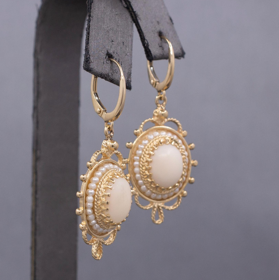 Vintage Angel Skin Coral Dangle Earrings with Lever Back Clasps in 14k Yellow Gold