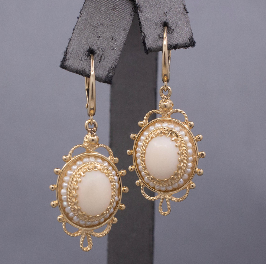 Vintage Angel Skin Coral Dangle Earrings with Lever Back Clasps in 14k Yellow Gold