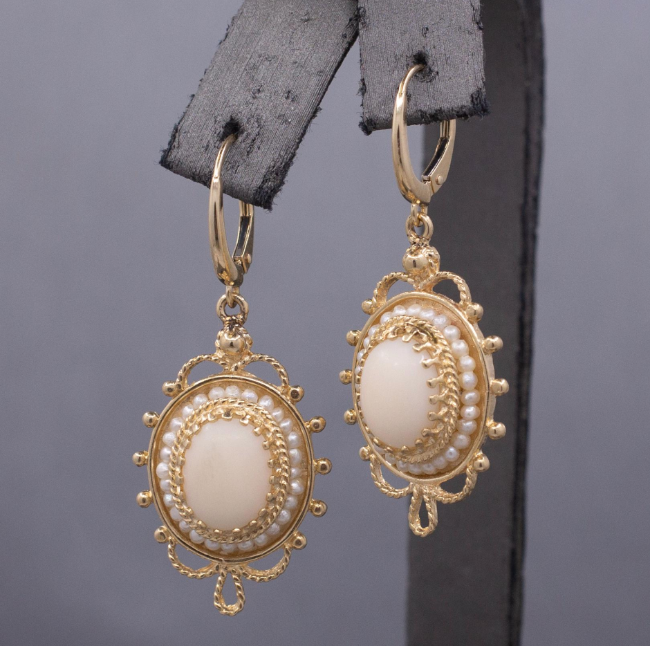 Vintage Angel Skin Coral Dangle Earrings with Lever Back Clasps in 14k Yellow Gold