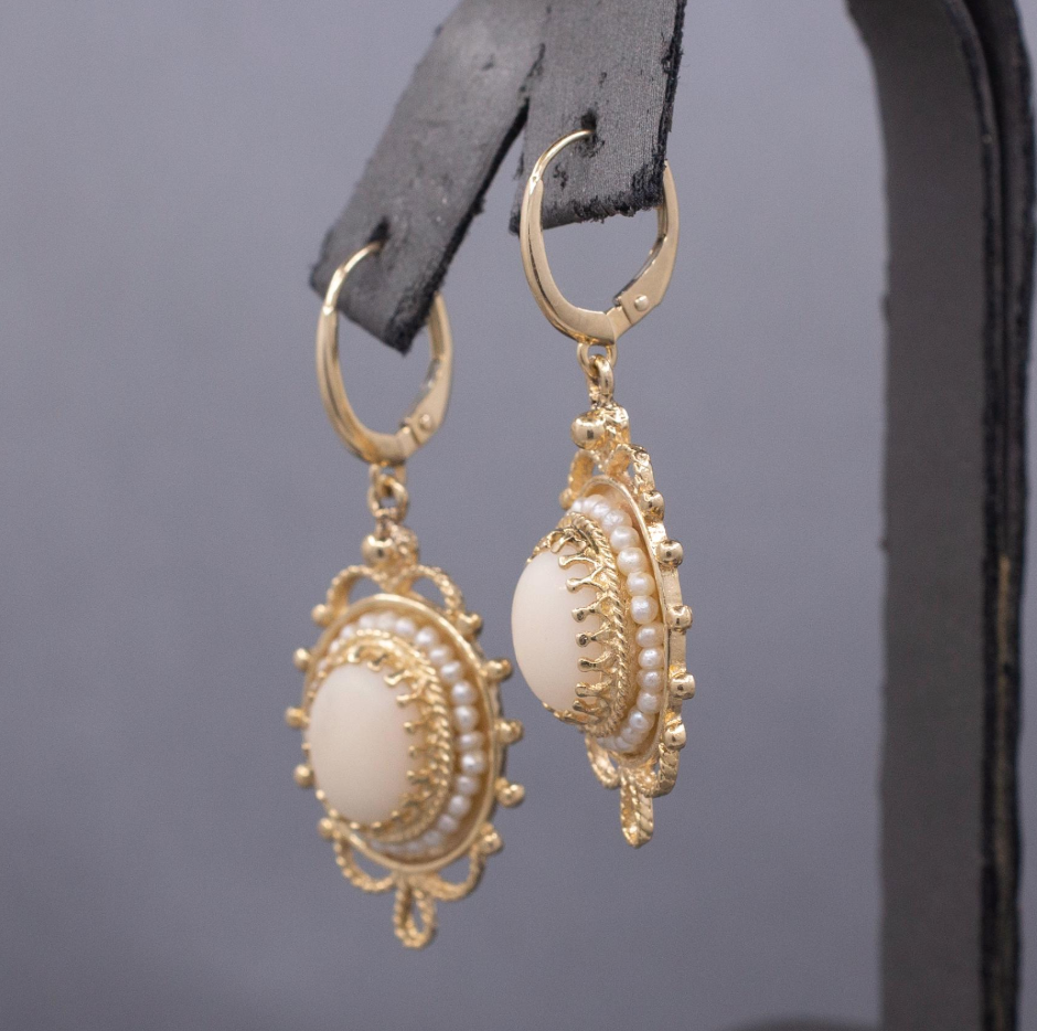 Vintage Angel Skin Coral Dangle Earrings with Lever Back Clasps in 14k Yellow Gold