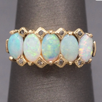Antique Victorian Five Stone Opal and Rose Cut Diamond Band Ring in 14k Yellow Gold