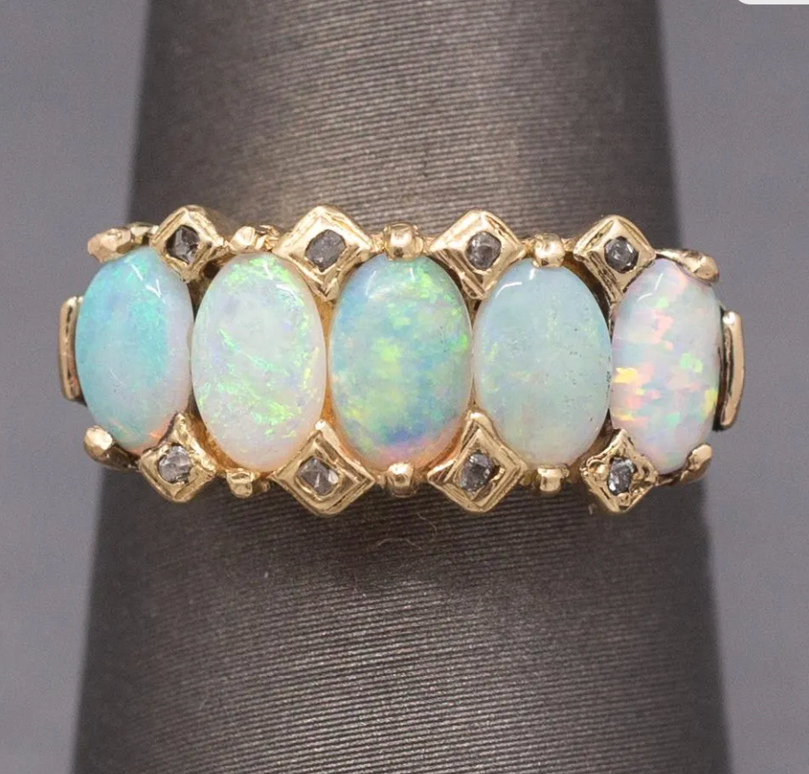 Antique Victorian Five Stone Opal and Rose Cut Diamond Band Ring in 14k Yellow Gold