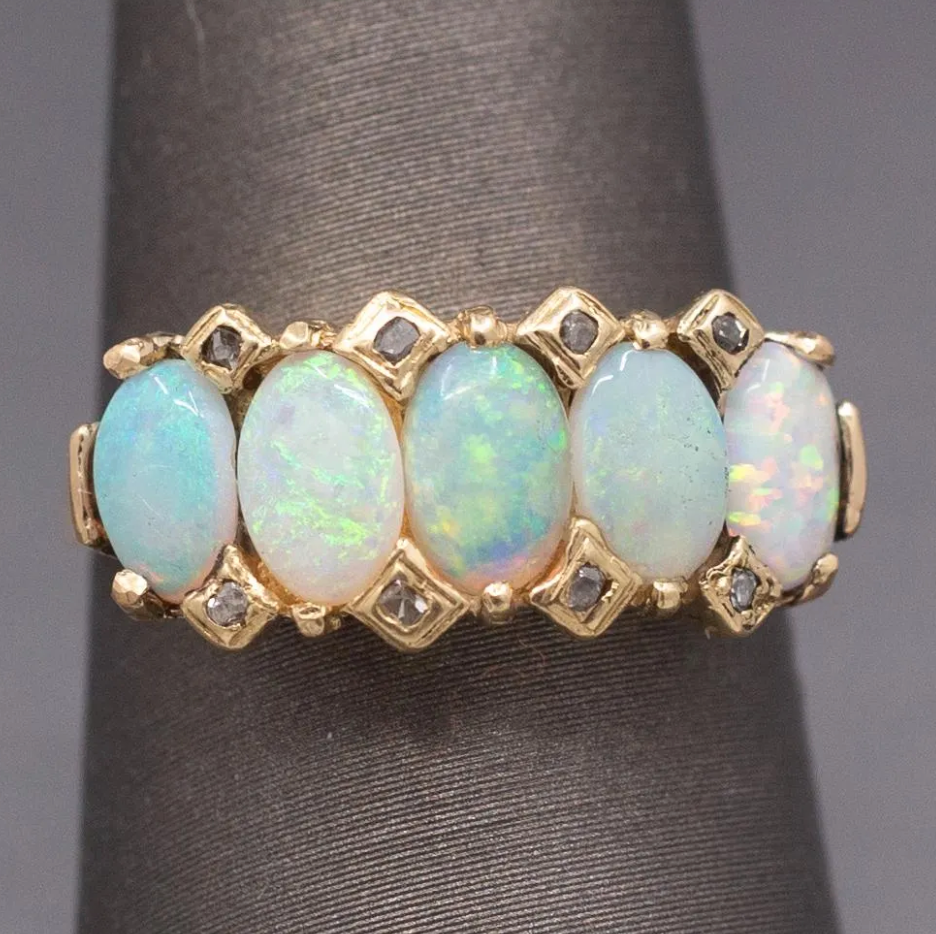 Antique Victorian Five Stone Opal and Rose Cut Diamond Band Ring in 14k Yellow Gold