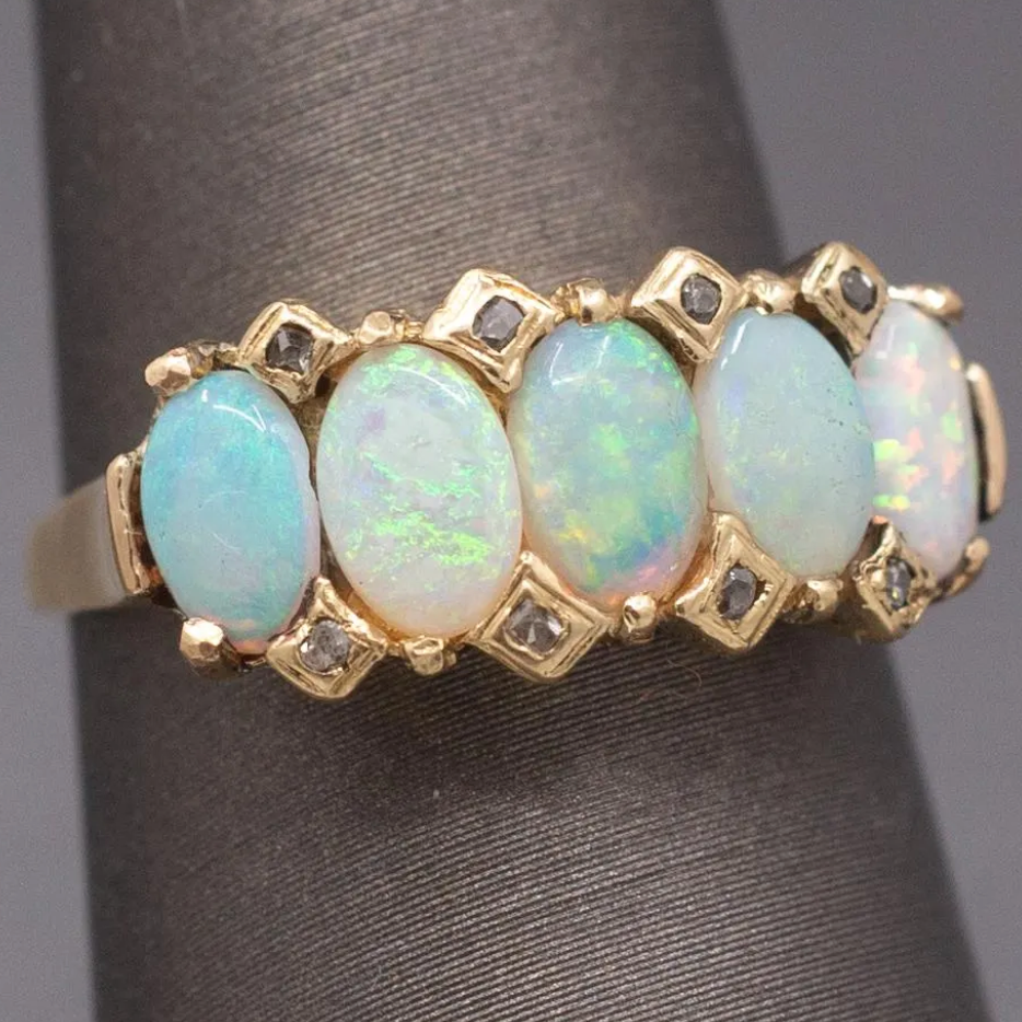 Antique Victorian Five Stone Opal and Rose Cut Diamond Band Ring in 14k Yellow Gold