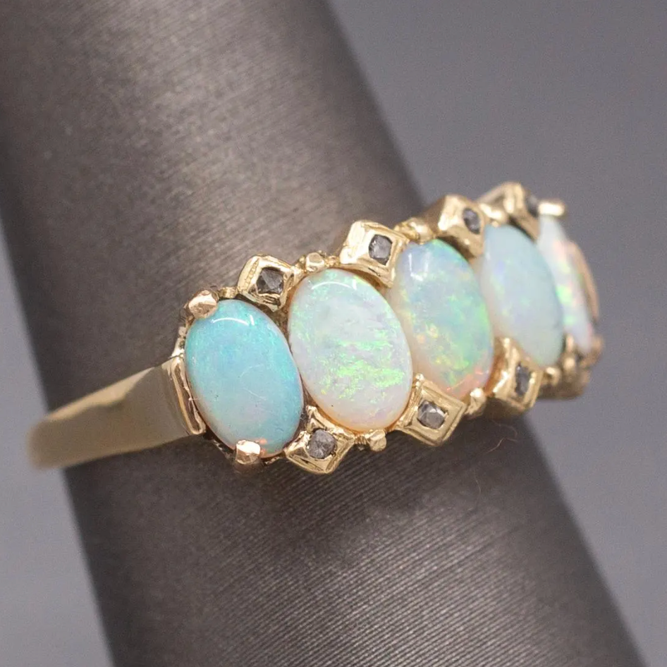 Antique Victorian Five Stone Opal and Rose Cut Diamond Band Ring in 14k Yellow Gold