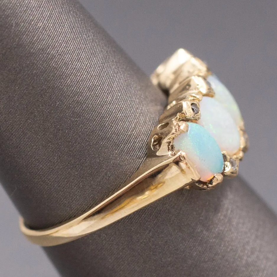 Antique Victorian Five Stone Opal and Rose Cut Diamond Band Ring in 14k Yellow Gold