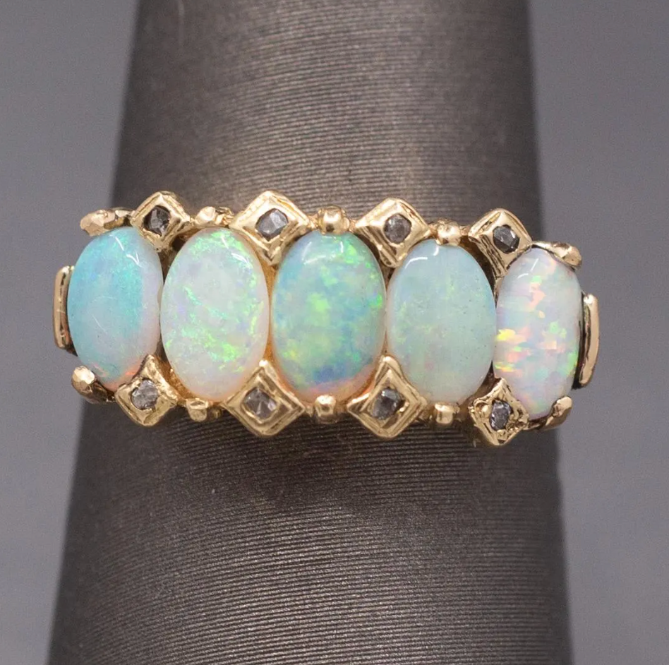 Antique Victorian Five Stone Opal and Rose Cut Diamond Band Ring in 14k Yellow Gold
