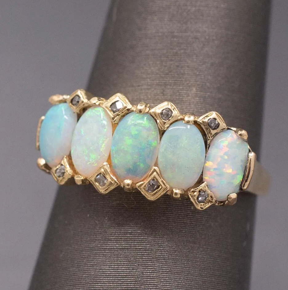 Antique Victorian Five Stone Opal and Rose Cut Diamond Band Ring in 14k Yellow Gold