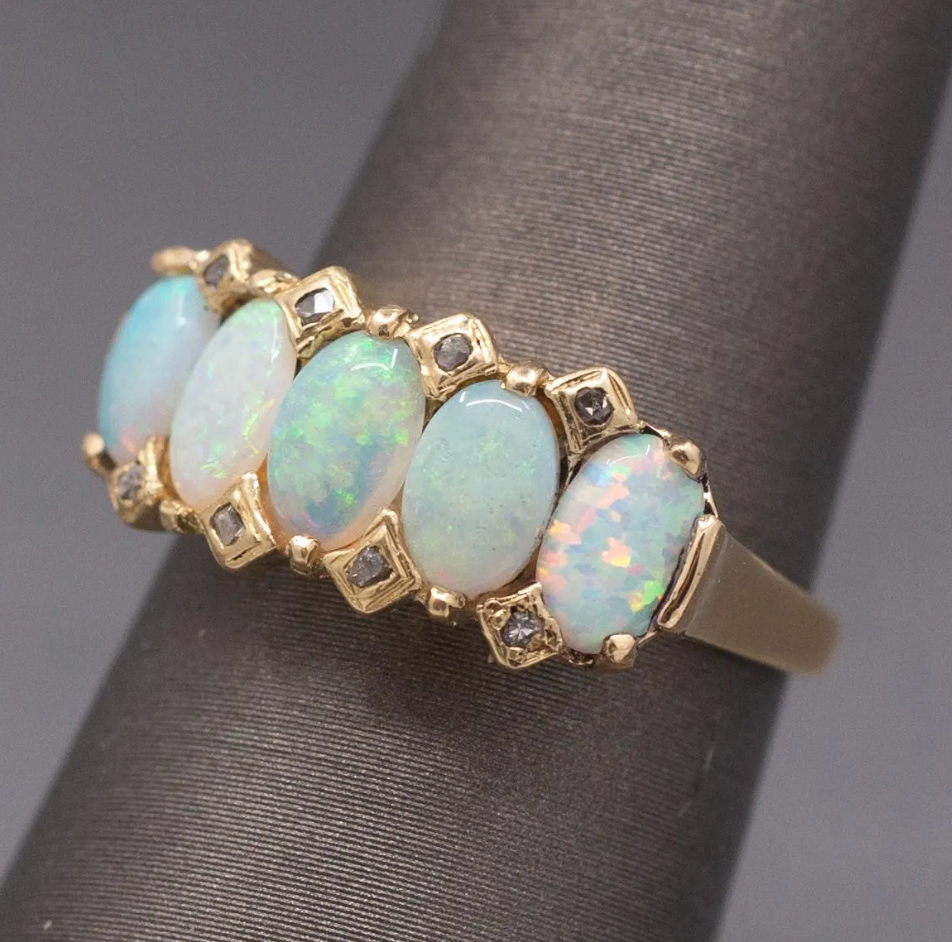Antique Victorian Five Stone Opal and Rose Cut Diamond Band Ring in 14k Yellow Gold