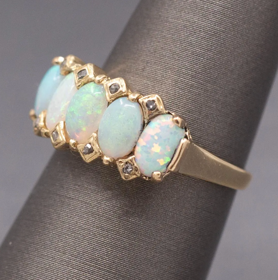 Antique Victorian Five Stone Opal and Rose Cut Diamond Band Ring in 14k Yellow Gold