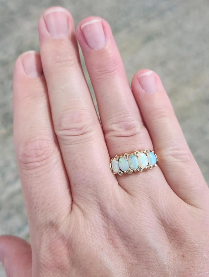 Antique Victorian Five Stone Opal and Rose Cut Diamond Band Ring in 14k Yellow Gold