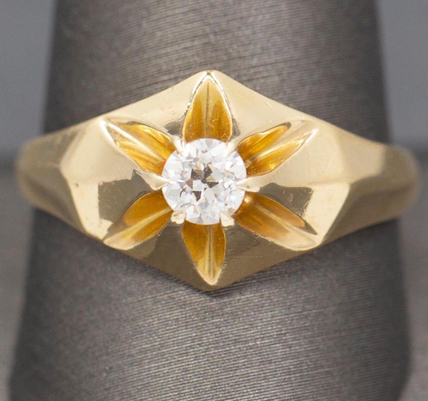 Lovely Antique Victorian Old European Cut Diamond Belcher Set Engagement Ring in 14k Yellow Gold