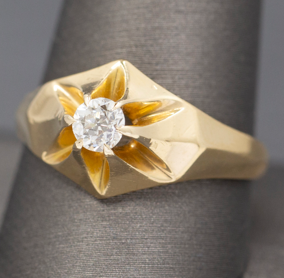 Lovely Antique Victorian Old European Cut Diamond Belcher Set Engagement Ring in 14k Yellow Gold