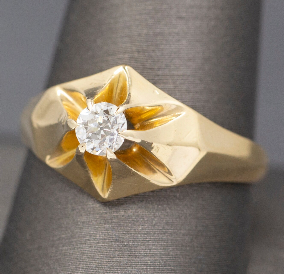Lovely Antique Victorian Old European Cut Diamond Belcher Set Engagement Ring in 14k Yellow Gold