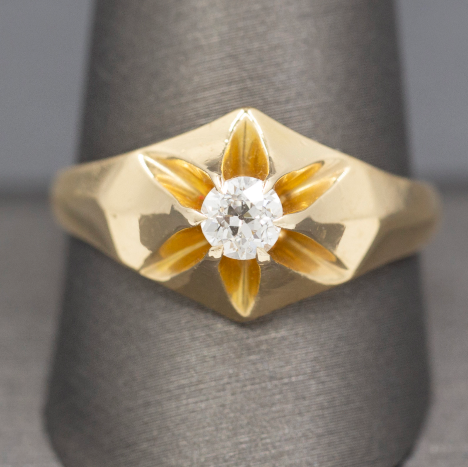 Lovely Antique Victorian Old European Cut Diamond Belcher Set Engagement Ring in 14k Yellow Gold