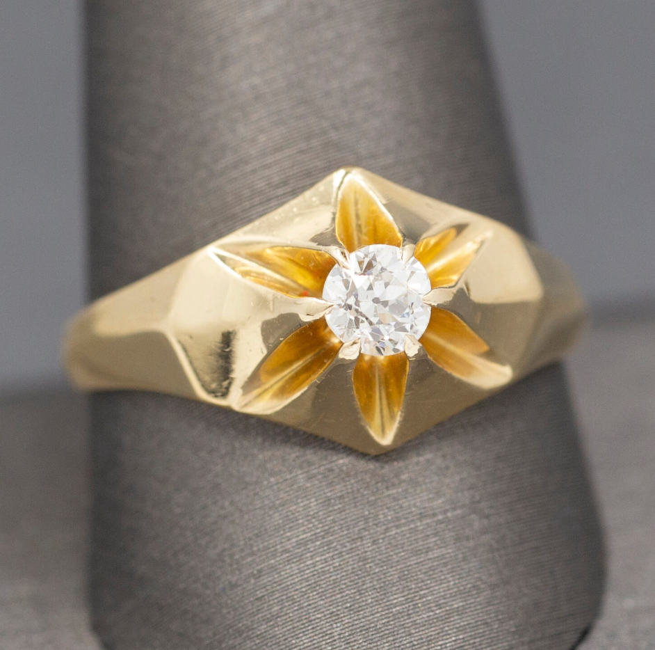 Lovely Antique Victorian Old European Cut Diamond Belcher Set Engagement Ring in 14k Yellow Gold