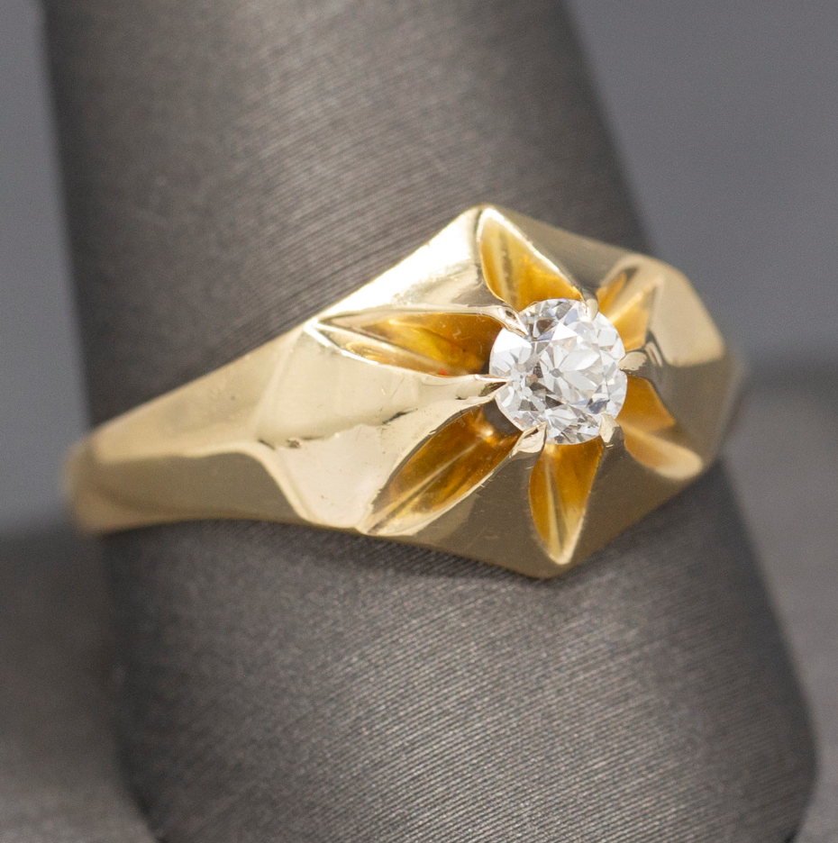 Lovely Antique Victorian Old European Cut Diamond Belcher Set Engagement Ring in 14k Yellow Gold