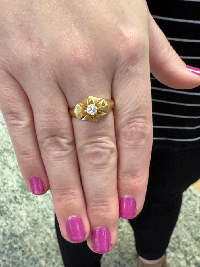 Lovely Antique Victorian Old European Cut Diamond Belcher Set Engagement Ring in 14k Yellow Gold