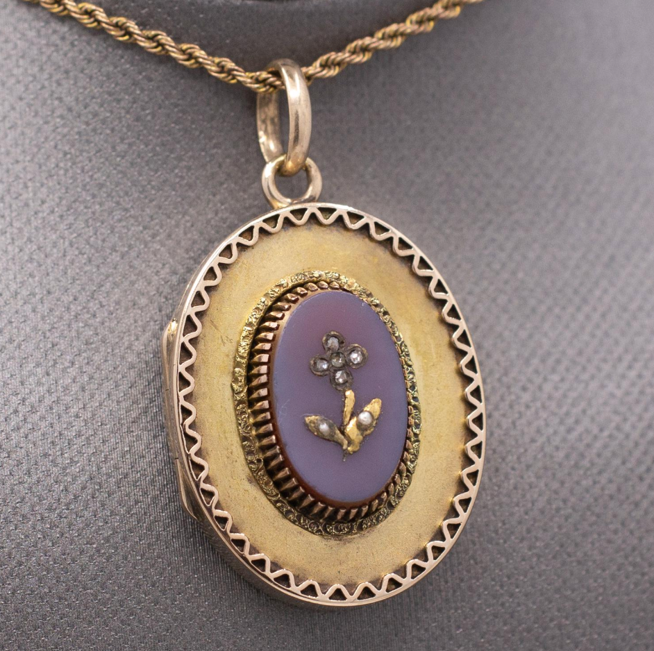 Antique Victorian Rose Cut Diamond Flower Locket in 14k Yellow Gold