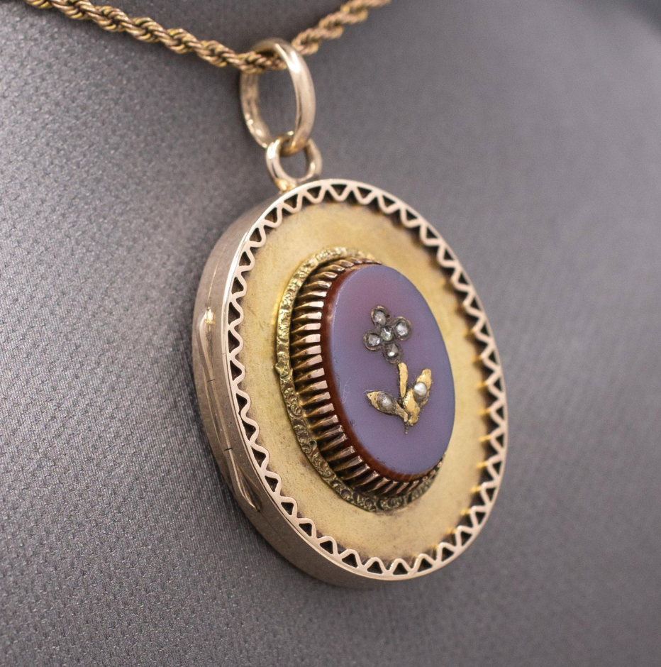 Antique Victorian Rose Cut Diamond Flower Locket in 14k Yellow Gold