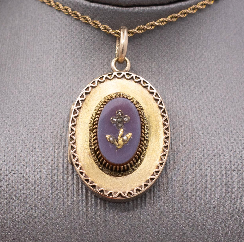 Antique Victorian Rose Cut Diamond Flower Locket in 14k Yellow Gold