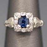 Late Art Deco Early Retro Blue Sapphire and Diamond Ring in 14k White Gold