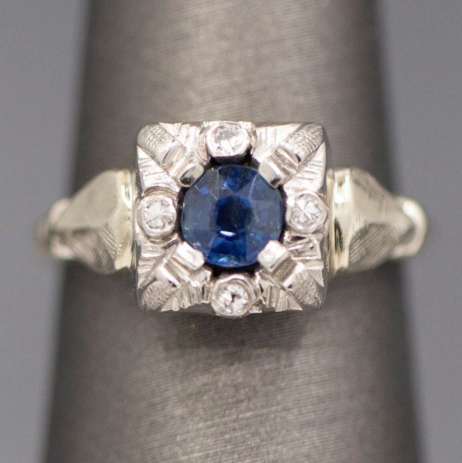 Late Art Deco Early Retro Blue Sapphire and Diamond Ring in 14k White Gold