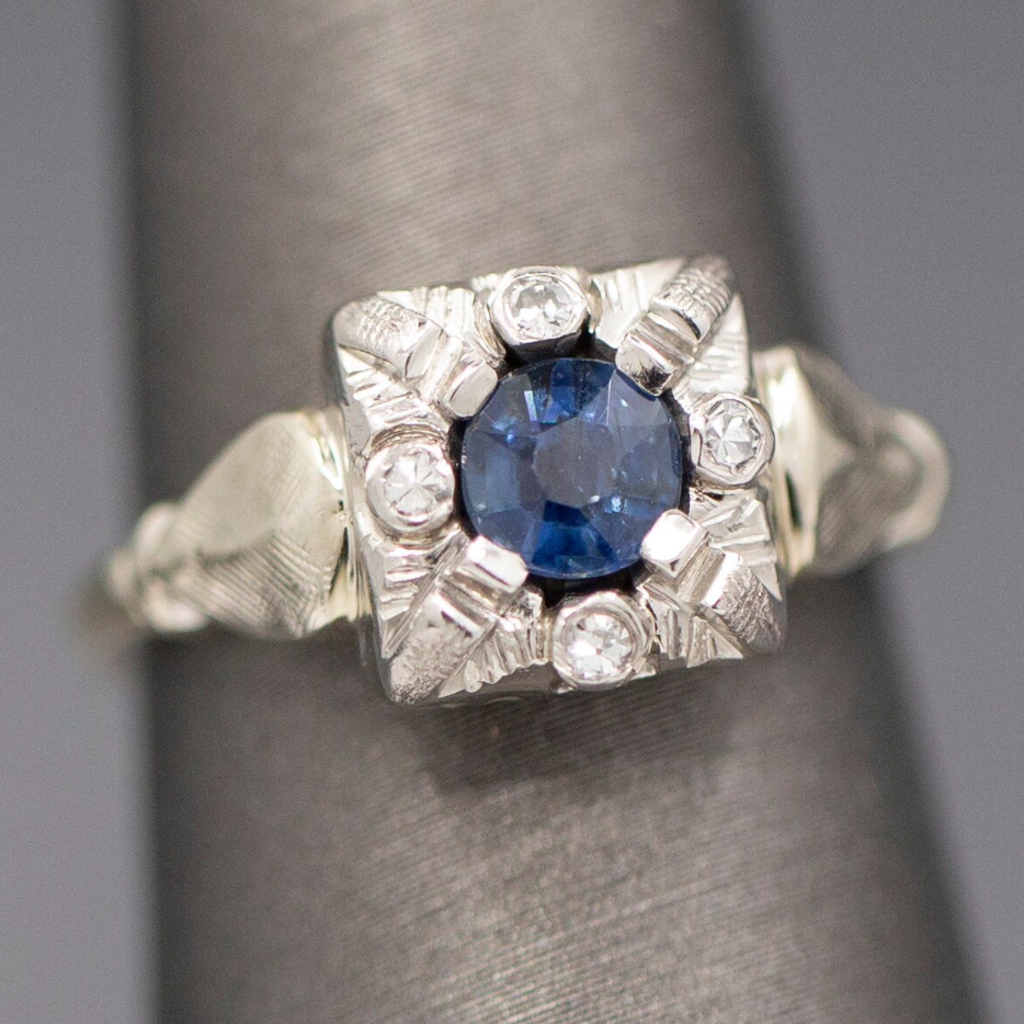 Late Art Deco Early Retro Blue Sapphire and Diamond Ring in 14k White Gold