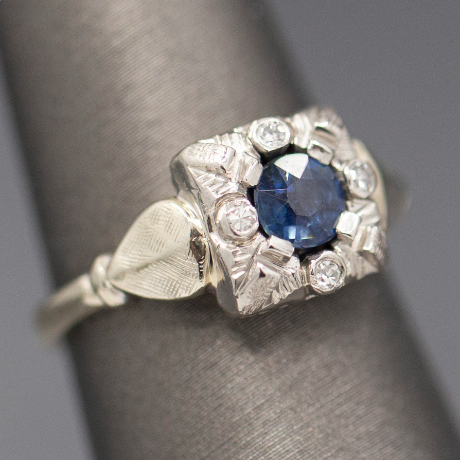 Late Art Deco Early Retro Blue Sapphire and Diamond Ring in 14k White Gold