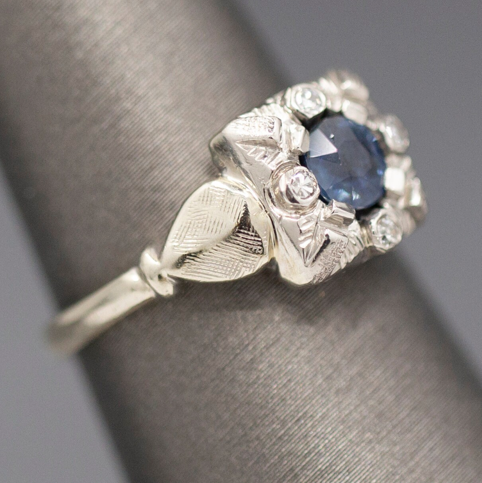 Late Art Deco Early Retro Blue Sapphire and Diamond Ring in 14k White Gold