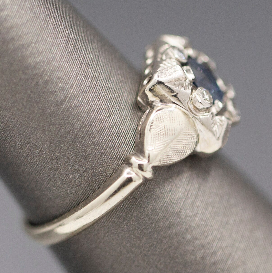 Late Art Deco Early Retro Blue Sapphire and Diamond Ring in 14k White Gold