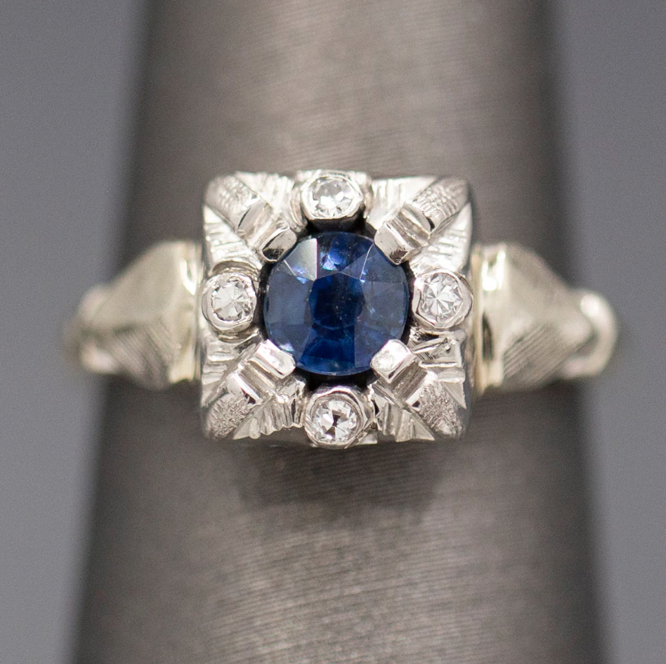 Late Art Deco Early Retro Blue Sapphire and Diamond Ring in 14k White Gold