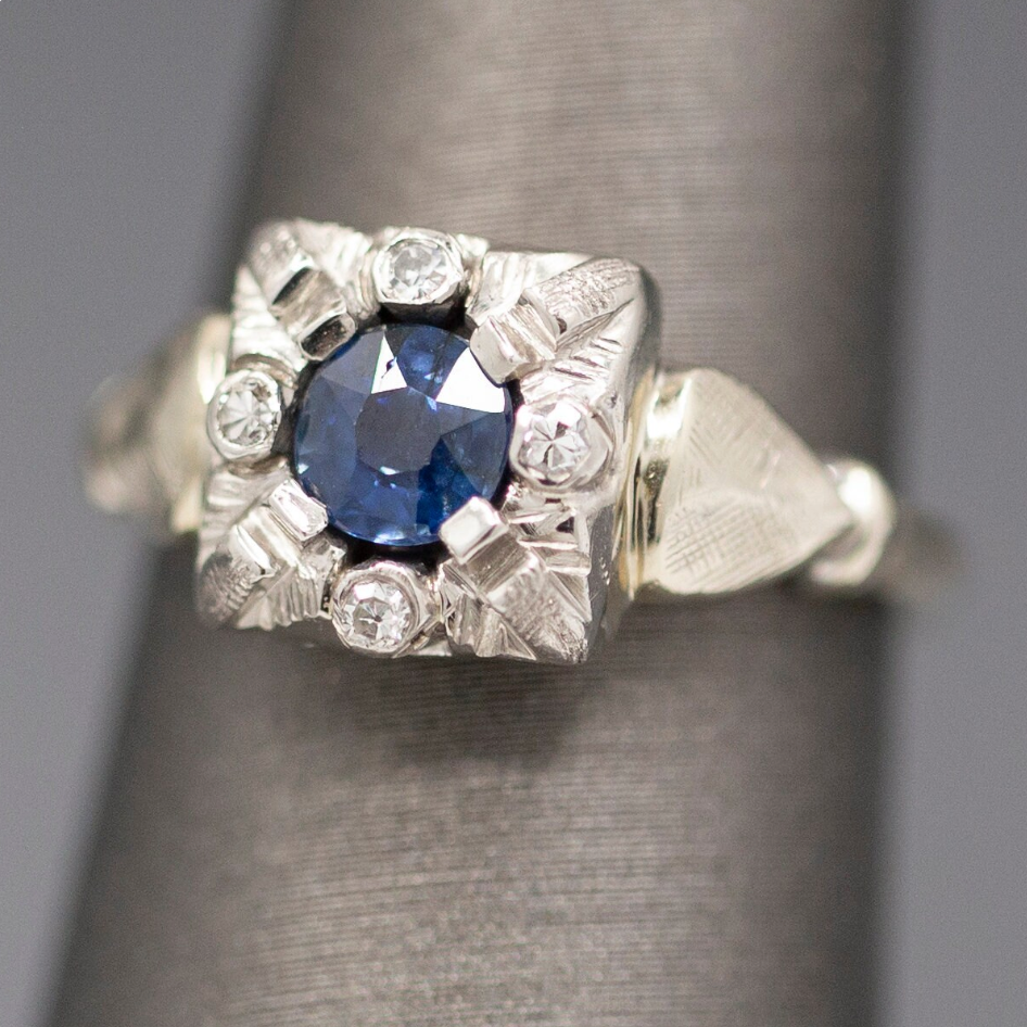 Late Art Deco Early Retro Blue Sapphire and Diamond Ring in 14k White Gold