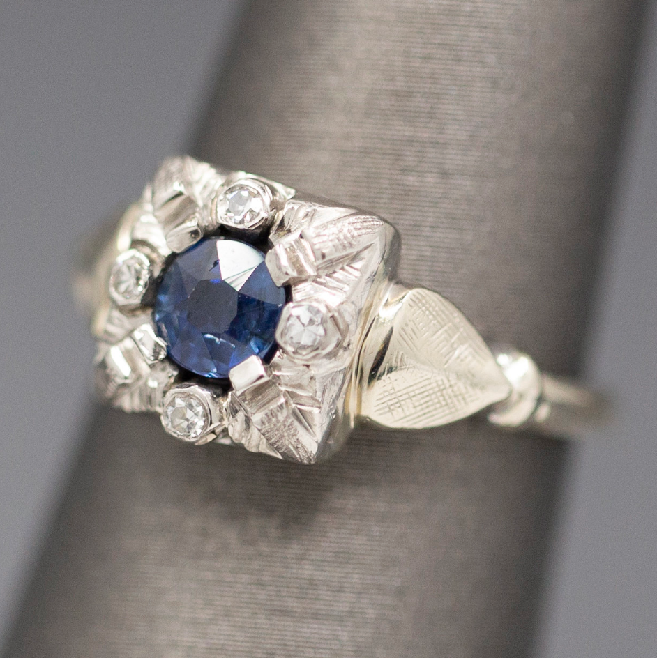 Late Art Deco Early Retro Blue Sapphire and Diamond Ring in 14k White Gold